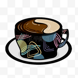 几何图案黑色咖啡杯的拿铁咖啡