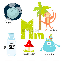 月亮图片_矢量插图教学儿童英语字母表与卡
