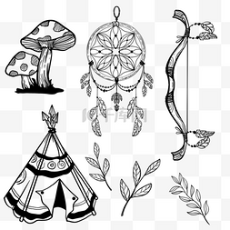 弓箭装饰图片_帐篷弓箭蘑菇叶子捕梦网印第安波