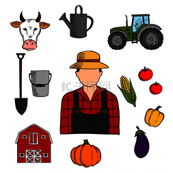 农民有奶牛和拖拉机、谷仓和新鲜