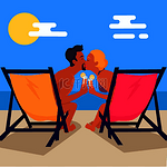 穿着泳装晒黑的情侣坐在躺椅上，上面有美味的甜鸡尾酒和亲吻矢量图，背景是海边的恋人。