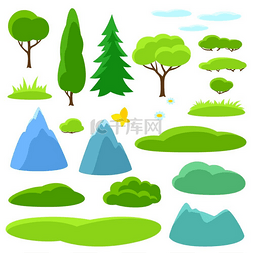 卡通云朵树草地图片_夏季设置的树木、山脉和丘陵。