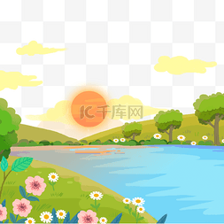 花草风景图片_湖边的日落春季花卉风景