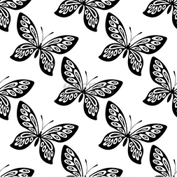 黑色和白色华丽无缝蝴蝶图案的飞