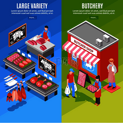 肉类产品图片_等距垂直横幅与屠宰店外面和各种