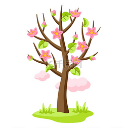 云朵粉红色图片_有花和叶子的春天树。