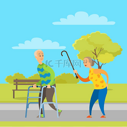 公园的长椅图片_与助行器同行的老人、拿着魔杖行