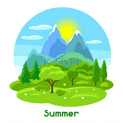 草地树图片_与树、山和小山的夏天风景。