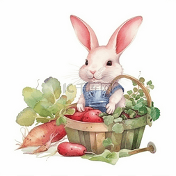 彩色儿童插画图片_正在拔萝卜的小兔子