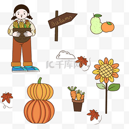 秋天秋季贴纸装饰人物花朵套图