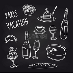 黑板上的法国食品和饮料。