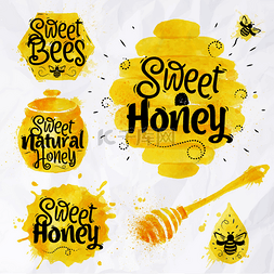 蜂蜜标签设计图片_水彩画符号蜂蜜