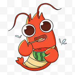 红色卡通小龙虾图片_简约扁平卡通可爱龙虾吃西瓜