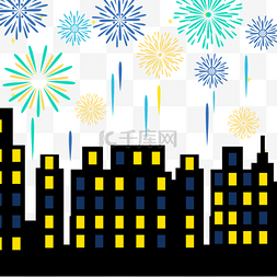 烟花灯光图片_灯光明亮的楼房新年烟花城市插画