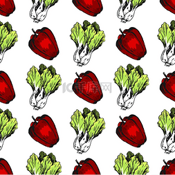 绿色背景和红图片_红甜椒和大白菜的无缝图案健康新