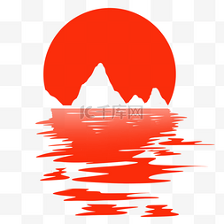 椰树倒影图片_太阳与大山红色水面倒影
