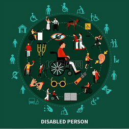 轮椅残疾人图片_不同类型疾病的残疾人圆形组合在