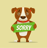 Sorry dog character hold apology plate. Vector flat cartoon illustration