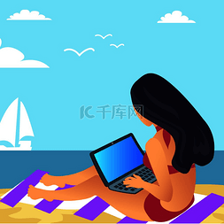 帆船海报背景图片_穿着泳衣的商务夏季女性坐在笔记