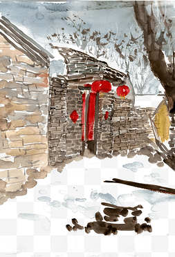 村庄水墨画图片_大雪覆盖的院落