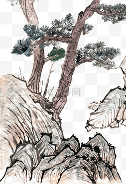 水墨水墨山图片_岩石上的松树