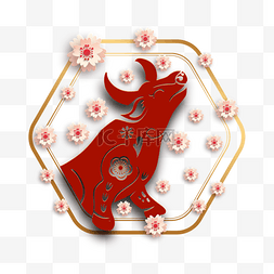 春节剪纸红色梅花牛