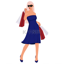 一个穿着连衣裙的漂亮姑娘在购物