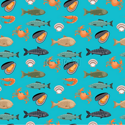 无缝模式与不同类型的鱼在蓝色背
