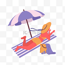 沙滩伞元素图片_夏天海边活动度假美女沙滩伞晒太