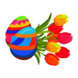 色彩鲜艳的鸡蛋和节日郁金香隔离