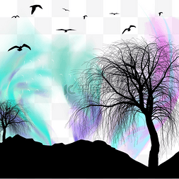 森林光效图片_蓝紫抽象极光光效森林剪影