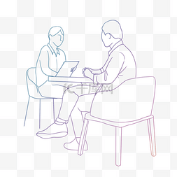 手绘女人轮廓图片_彩色线条画商务合作坐在办公桌前