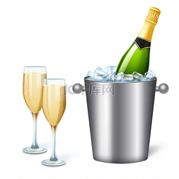 香槟桶图片_彩色逼真的香槟桶构图带有冷香槟
