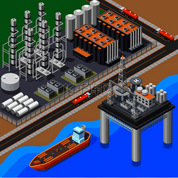 炼油油轮和海上平台的等距构图三