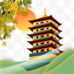 中式建筑风景图片_国潮秋天景色风景塔