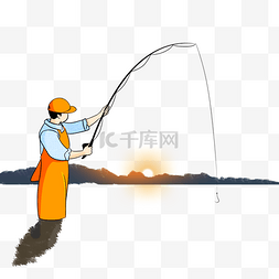 海边夕阳插画图片_户外活动钓鱼海边垂钓男生