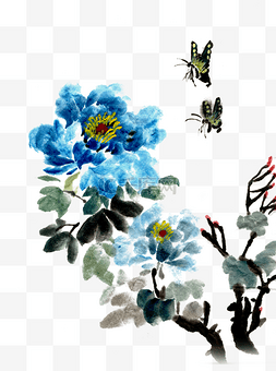 蓝色水墨植物图片_蓝色的牡丹水墨