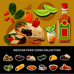墨西哥食物图标系列包括豆汤配辣