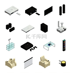 现代家庭影院系统等距图标集隔离