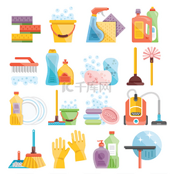 家庭用品图标图片_家庭用品和清洁平图标集
