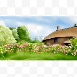 春天的景色图片_春天里的茅草房