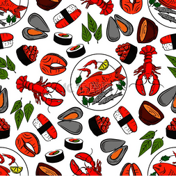 龙虾素材背景图片_海鲜和鱼类菜肴的无缝背景带有龙
