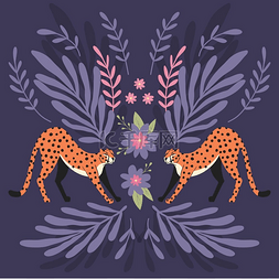 两只可爱的手绘猎豹在深紫色背景
