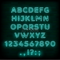 蓝色霓虹灯字母图片_霓虹灯字体或类型字母和数字。