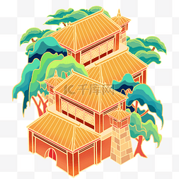 红色植物中国风图片_国潮2.5d中国风古代建筑