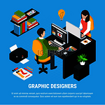 图形设计等距彩色概念与两位在办公室工作的艺术家 3d 矢量图