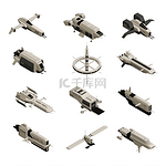在白色背景 3d 矢量图上隔离的不同大小和形状的等距单色太空船集。