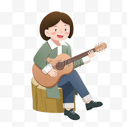 女孩弹吉他树桩