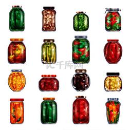 新鲜的水果和蔬菜图片_泡菜一套由16个独立的泥瓦匠罐子
