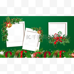 相框相册模板图片_圣诞节丝带绿叶绿色相框
